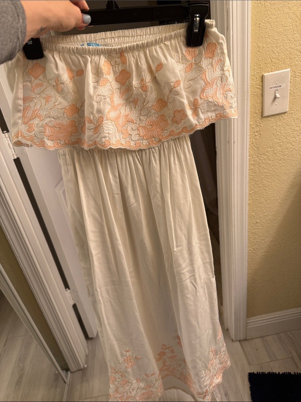 Cream Strapless Maxi Dress with Peach Floral Embroidery